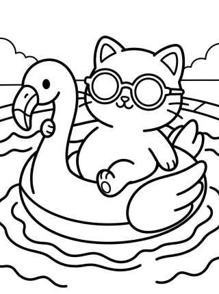 Desenho de Gatito en Flotador de Flamingo para colorir e imprimir grátis