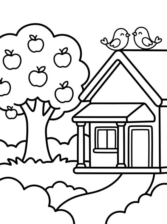 Desenho de Casita de Campo con Árbol de Manzanas para colorir e imprimir grátis