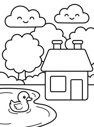 Desenho de Casita de Campo cerca del Lago para colorir e imprimir grátis