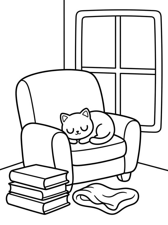 Desenho de Rincón de Lectura con Gatito para colorir e imprimir grátis