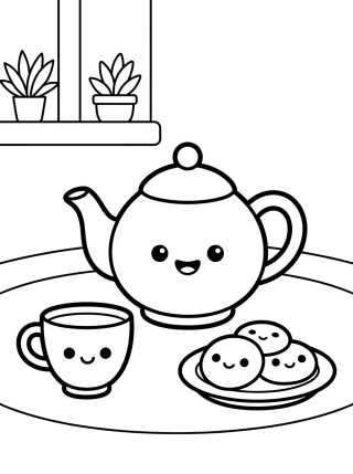 Desenho de Cocina Tierna con Té y Galletas para colorir e imprimir grátis