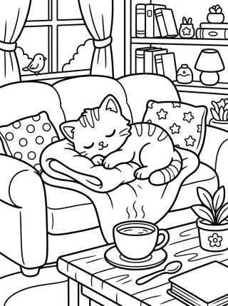 Desenho de Gatito Tierno en el Sofá para colorir e imprimir grátis