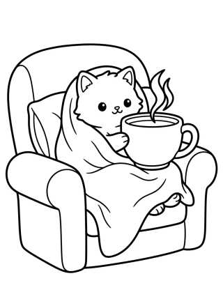 Desenho de Gatito Tomando Té en el Sillón para colorir e imprimir grátis