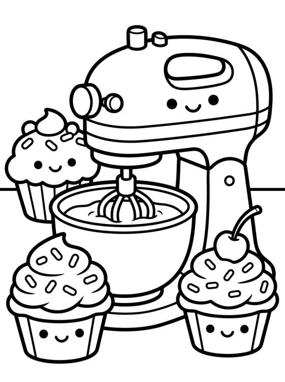 Desenho de Batidora y Cupcakes Felices para colorir e imprimir grátis