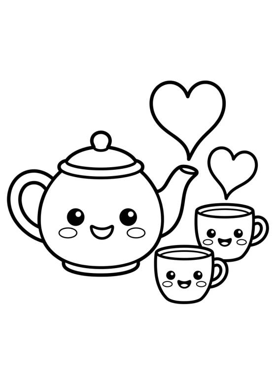 Desenho de Tetera Sonriente y Tacitas Tiernas para colorir e imprimir grátis