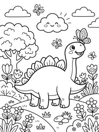 Desenho de Estegosaurio Sonriente con Mariposa para colorir e imprimir grátis
