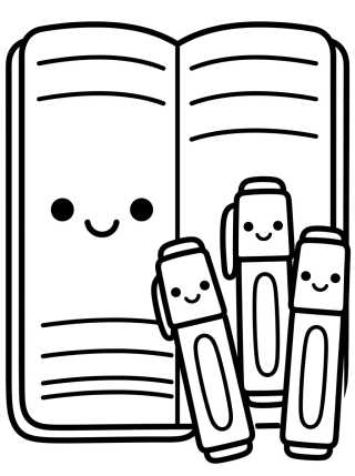 Desenho de Cuaderno y Marcadores Kawaii para colorir e imprimir grátis