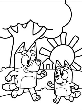 Desenho de Bluey y Bingo Jugando en el Jardín para colorir e imprimir grátis