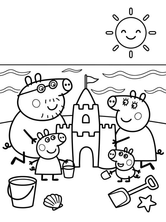 Desenho de La Familia Pig Construyendo un Castillo de Arena para colorir e imprimir grátis
