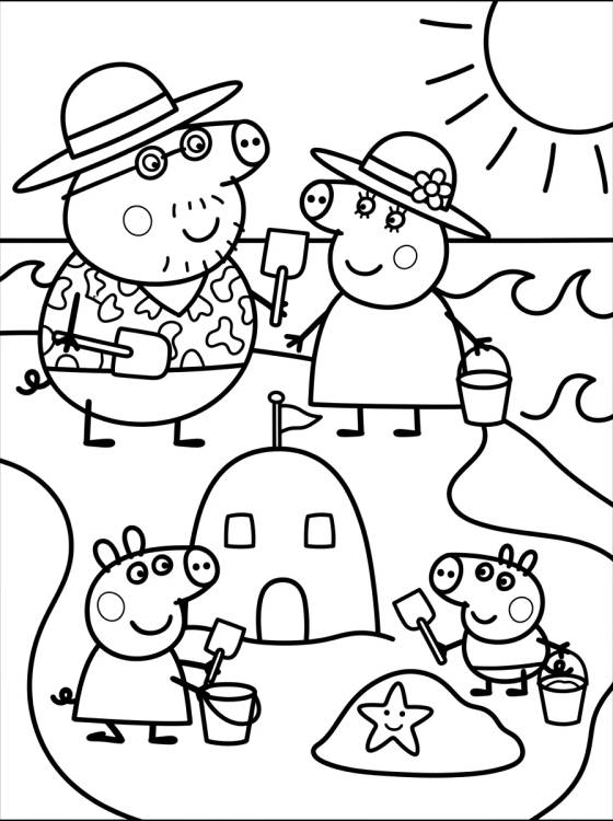 Desenho de Familia Pig en la Playa para colorir e imprimir grátis