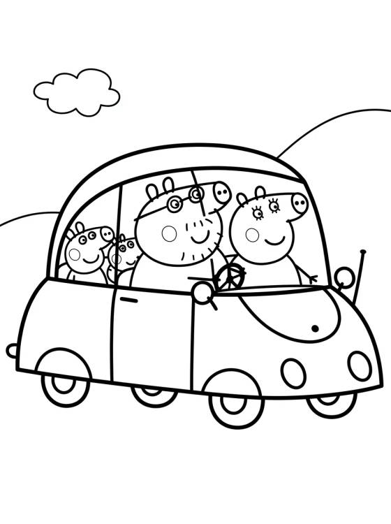 Desenho de La Familia Pig en el Coche Rojo para colorir e imprimir grátis
