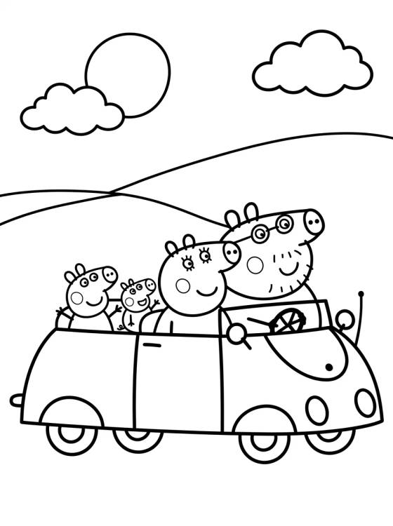Desenho de Familia Pig en el Auto Rojo para colorir e imprimir grátis