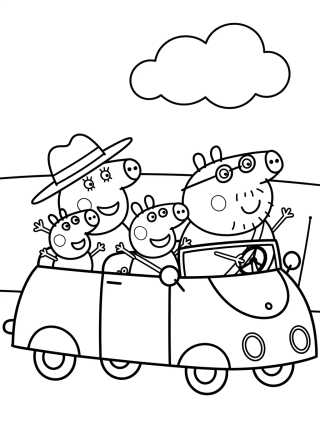 Desenho de Familia Pig paseando en coche para colorir e imprimir grátis