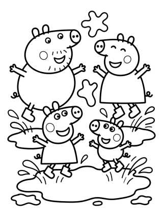 Desenho de La Familia Pig salta en los charcos de lodo para colorir e imprimir grátis