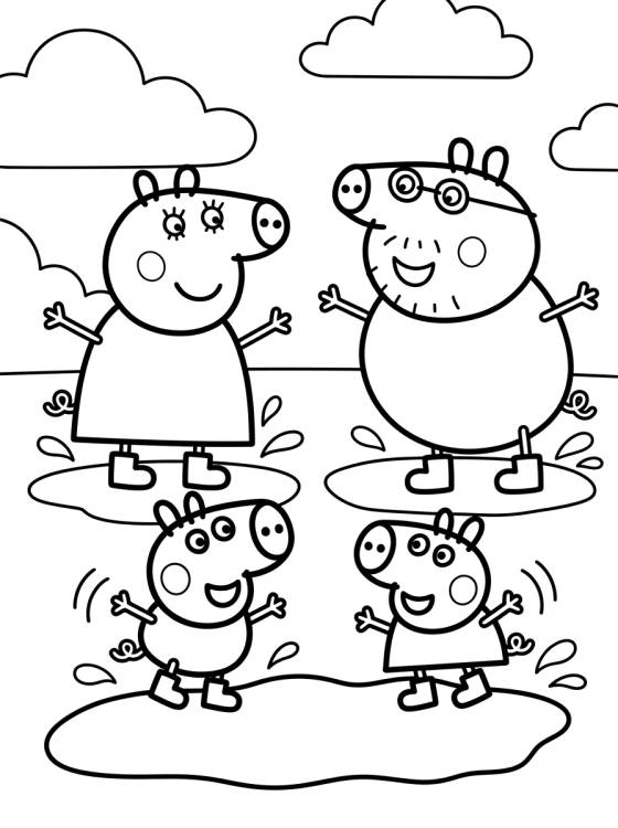 Desenho de La Familia Pig Saltando en Charcos de Lodo para colorir e imprimir grátis