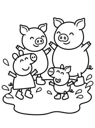 Desenho de La Familia Pig Saltando en Charcos de Lodo para colorir e imprimir grátis