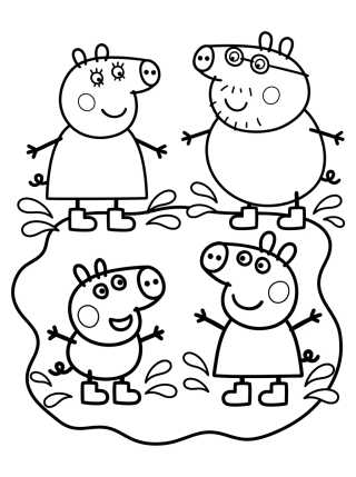 Desenho de Familia Pig Saltando en Charcos de Lodo para colorir e imprimir grátis
