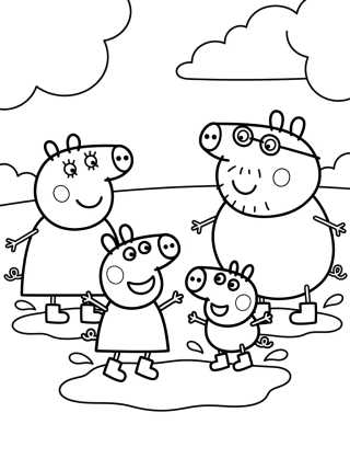 Desenho de Familia Pig Saltando en Charcos de Lodo para colorir e imprimir grátis