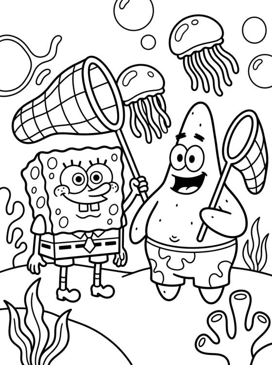 Desenho de Bob Esponja y Patricio Cazando Medusas para colorir e imprimir grátis