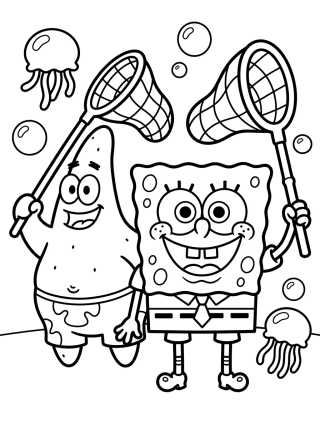 Desenho de Bob Esponja y Patricio cazando medusas para colorir e imprimir grátis