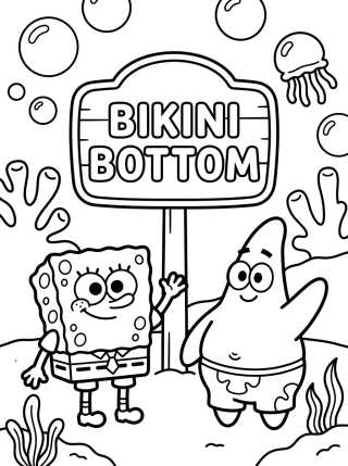 Desenho de Bob Esponja y Patricio en Fondo de Bikini para colorir e imprimir grátis