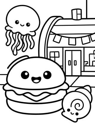 Desenho de Restaurante Crustáceo Cascarudo y Hamburguesa para colorir e imprimir grátis