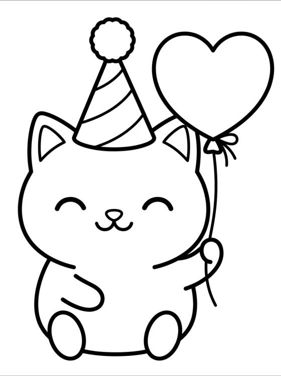 Desenho de Gatito con Gorro de Cumpleaños para colorir e imprimir grátis