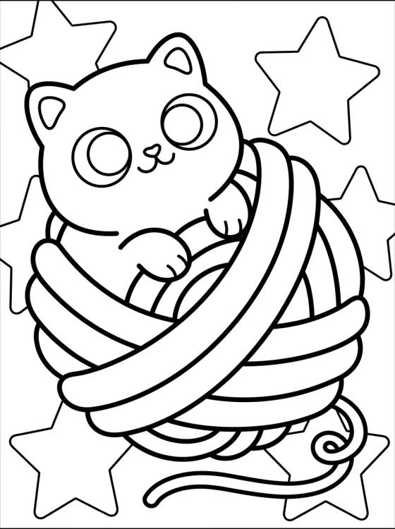 Desenho de Gatito Kawaii en el Ovillo de Lana para colorir e imprimir grátis