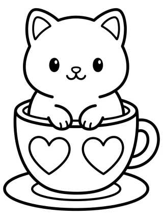 Desenho de Gatito en la Taza de Té para colorir e imprimir grátis