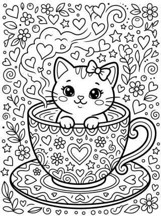 Desenho de Gatito en la Taza de Té para colorir e imprimir grátis