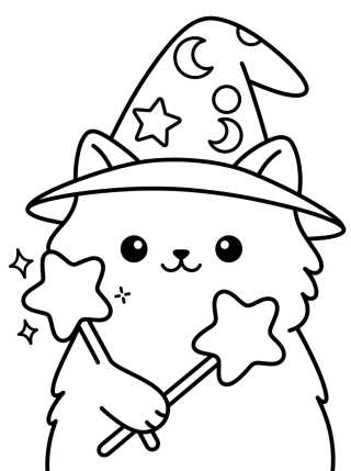 Desenho de Gato Mago con Sombrero de Estrellas para colorir e imprimir grátis