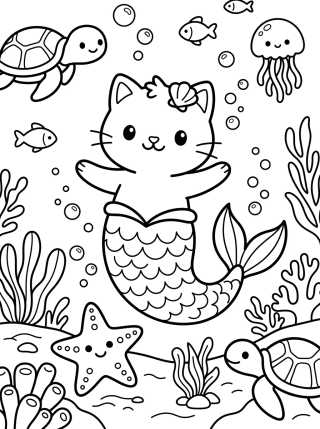 Desenho de Gato Sirena en el Fondo del Mar para colorir e imprimir grátis