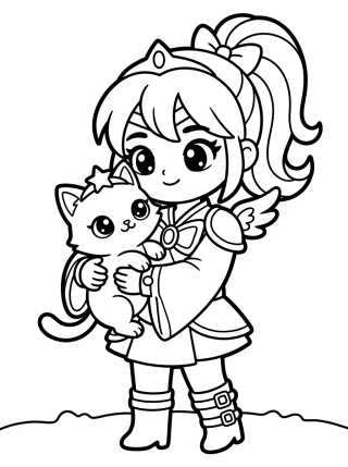 Desenho de Guerrera K-Pop con Gatito Mascota para colorir e imprimir grátis