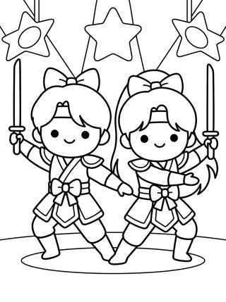 Desenho de Dúo de Guerreras K-Pop Haciendo Coreografía para colorir e imprimir grátis