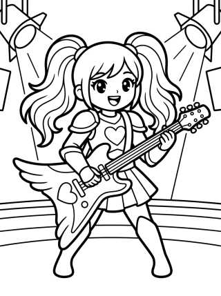 Desenho de Guerrera K-Pop Guitarrista en el Escenario para colorir e imprimir grátis