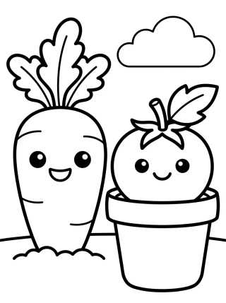 Desenho de Zanahoria y Tomate Tiernos en la Huerta para colorir e imprimir grátis