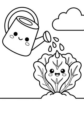 Desenho de Regadera Kawaii y Planta de Lechuga para colorir e imprimir grátis