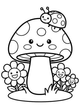 Desenho de Hongo y Flores Kawaii para colorir e imprimir grátis