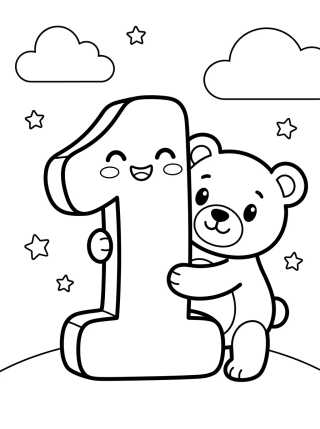 Desenho de Número 1 con Osito para colorir e imprimir grátis