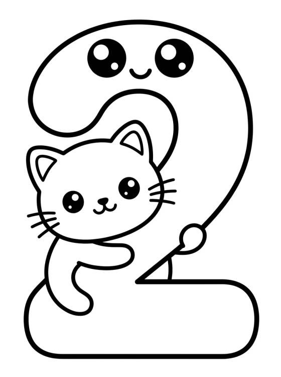 Desenho de Número 2 Alegre com Gatito para colorir e imprimir grátis