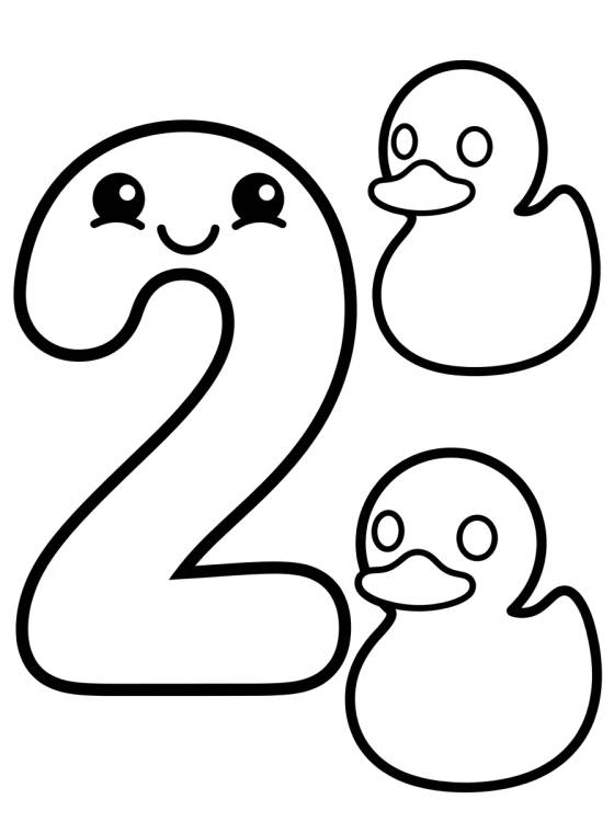 Desenho de Número 2 com Patitos Tiernos para colorir e imprimir grátis
