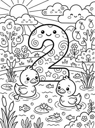 Desenho de Número 2 con Patitos Tiernos para colorir e imprimir grátis