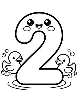 Desenho de Número 2 con Patitos para colorir e imprimir grátis
