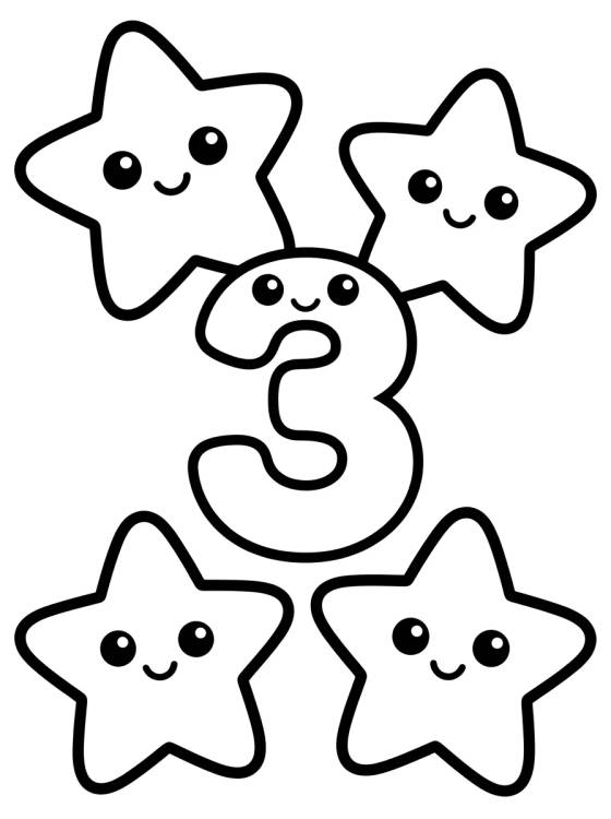 Desenho de Número 3 y Tres Estrellitas para colorir e imprimir grátis