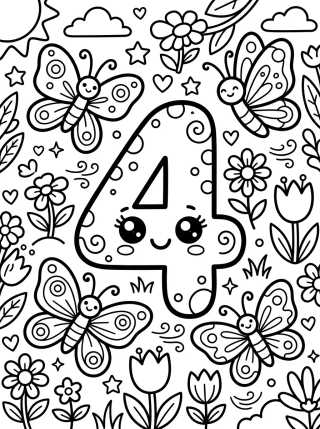 Desenho de Número 4 con Mariposas para colorir e imprimir grátis