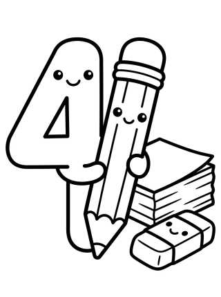Desenho de Número 4 con Lápiz Kawaii para colorir e imprimir grátis