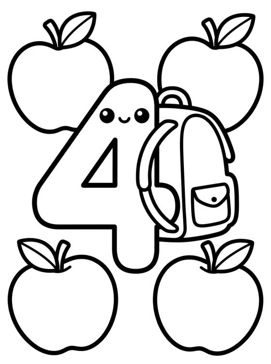 Desenho de Número 4 con Mochila Escolar para colorir e imprimir grátis