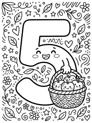 Desenho de Número 5 con Manzanas Deliciosas para colorir e imprimir grátis