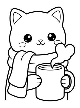 Desenho de Gatito con Bufanda e Chocolate Caliente para colorir e imprimir grátis