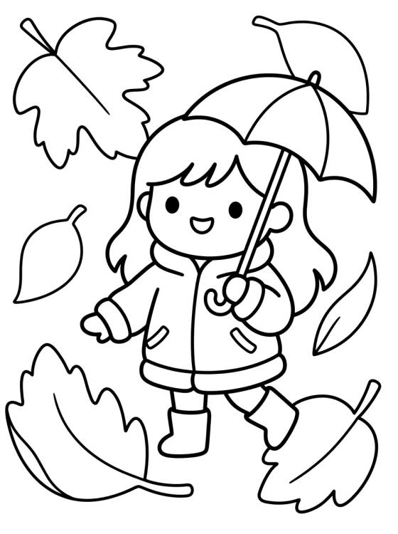 Desenho de Niña Jugando en las Hojas de Otoño para colorir e imprimir grátis